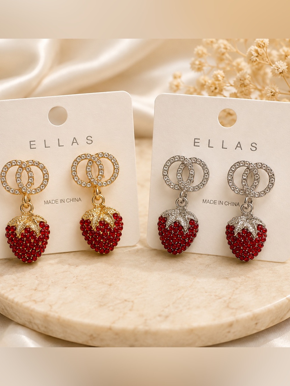 NWT Ellas Red Crystal Strawberry Drop Earrings Silver-Tone and Gold Metal Hoops